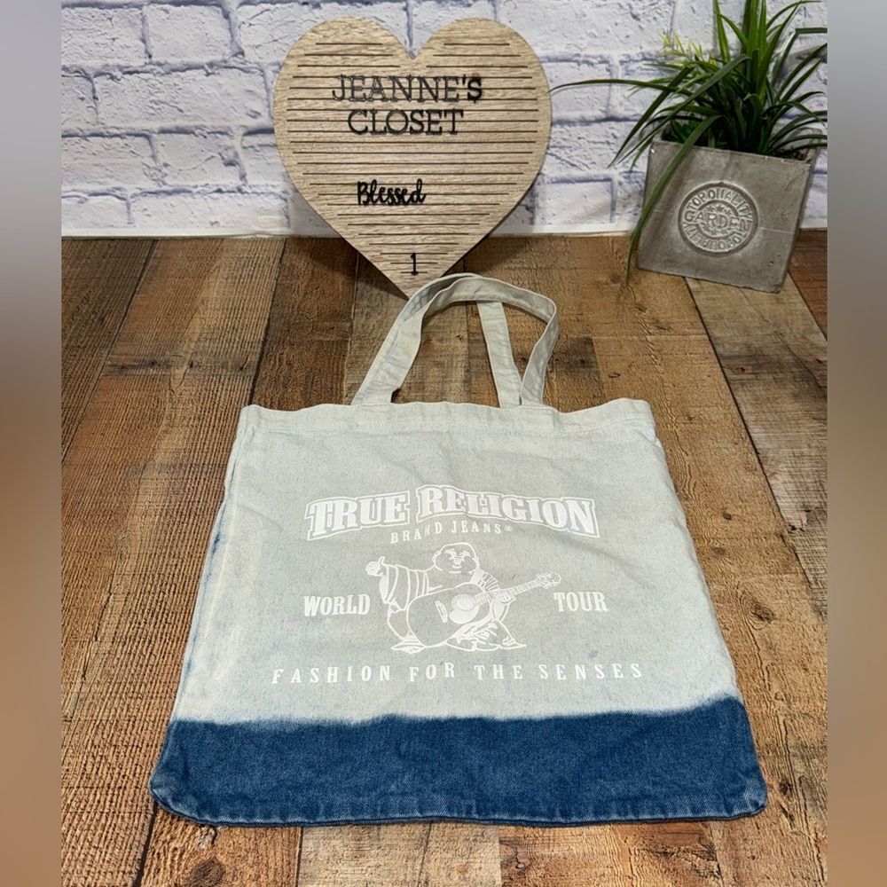 True Religion Buddha Bleached Denim Tote Logo Bag Blue 
Pre owned